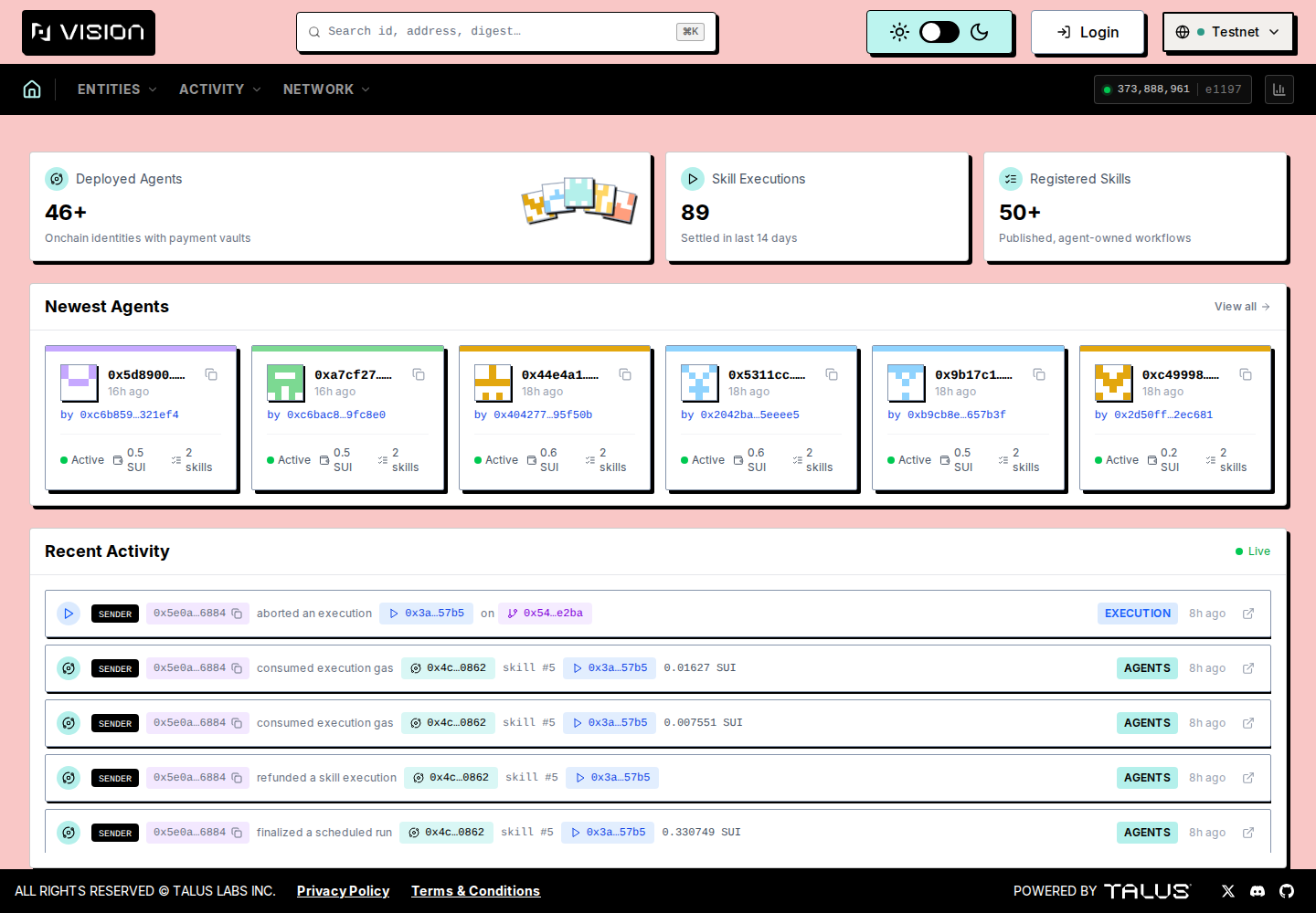 Talus Vision Explorer captured on Testnet with agents, registered skills, and recent activity