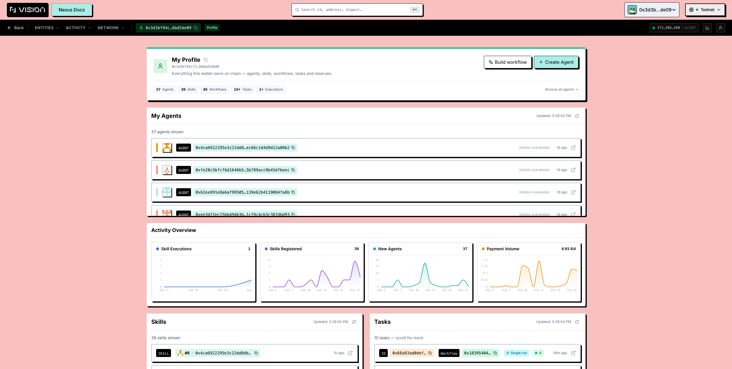 A profile page with entity counts and payment reserves