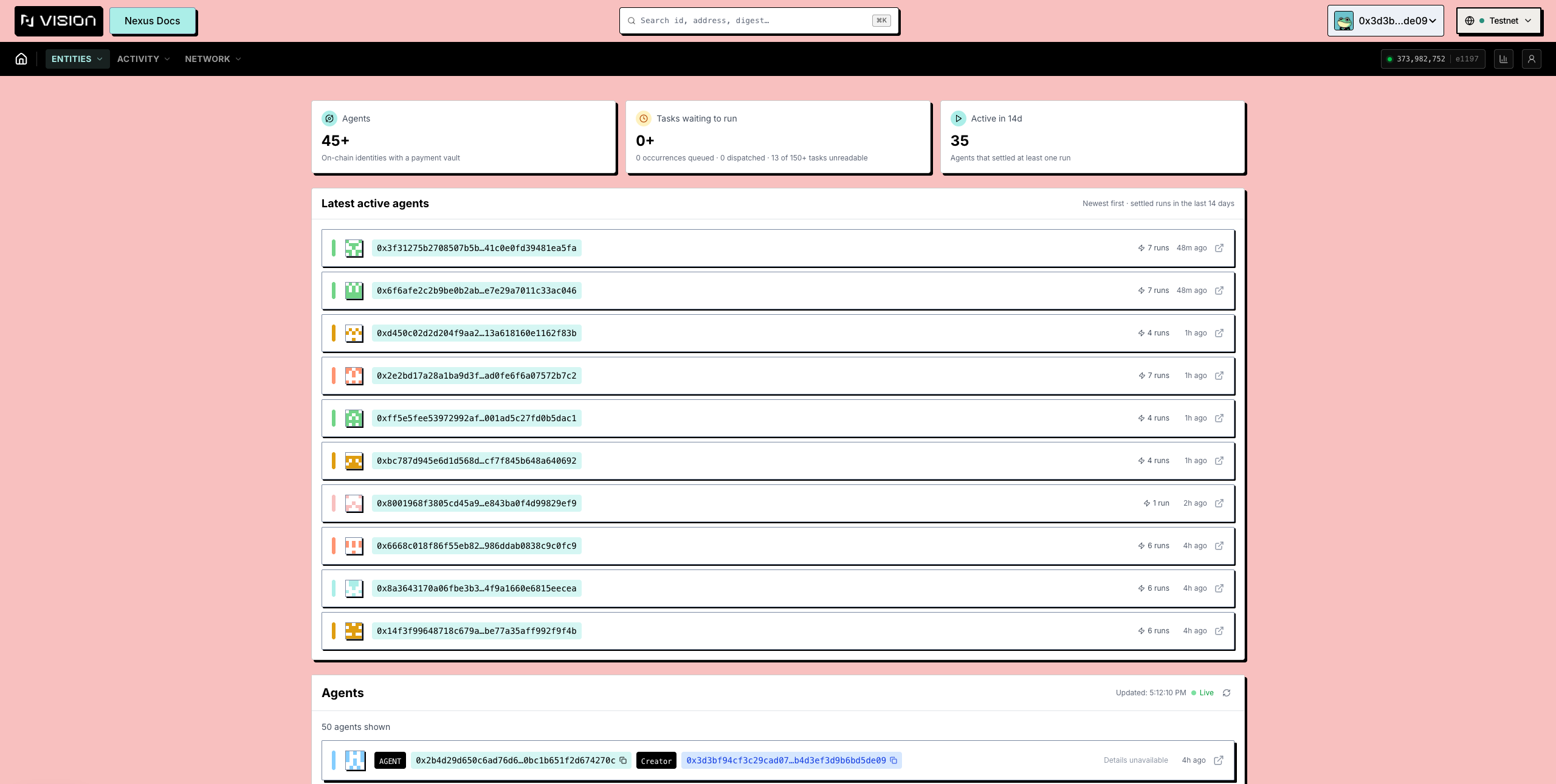The Agents tab listing agents with vault, skill count and status